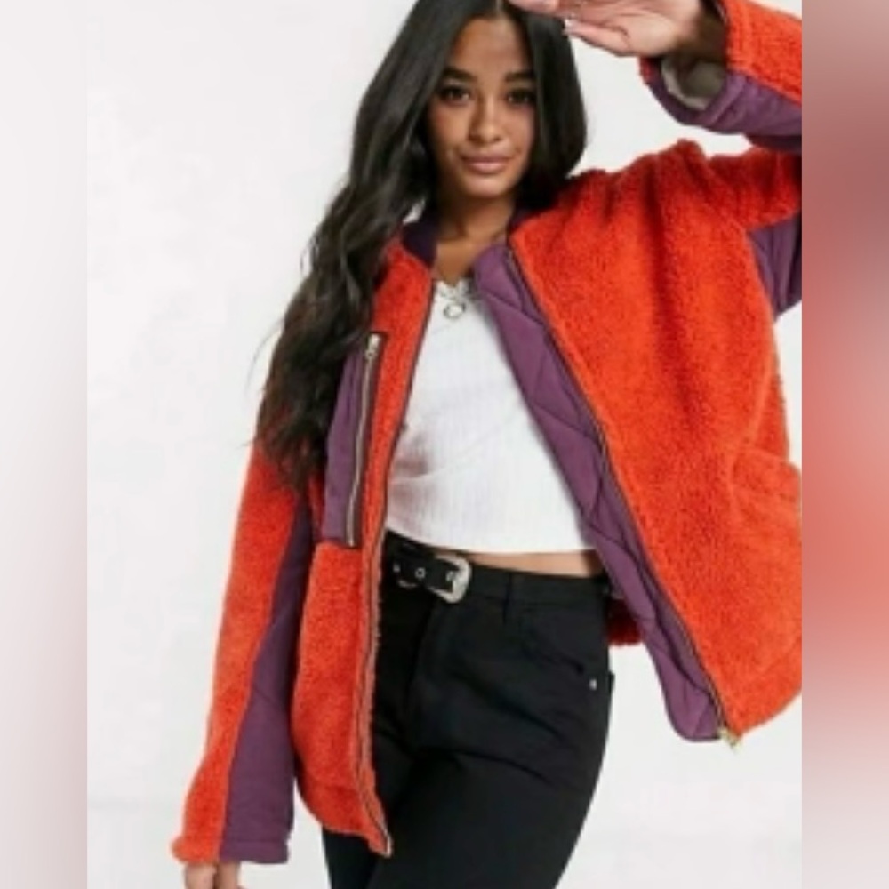 Free People We The Free Orange and Purple Rivington Sherpa Jacket Size Small